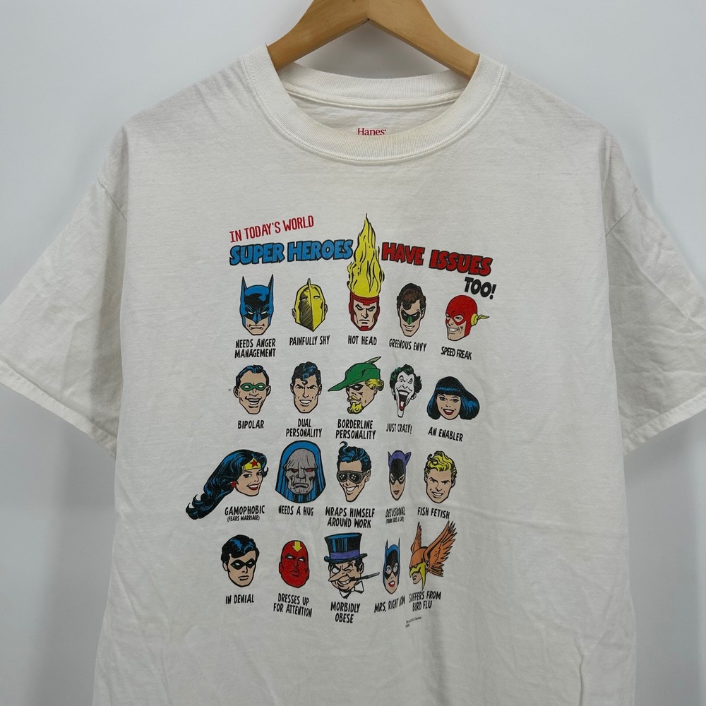 Vintage DC Comics Super Heroes Have Issues Too T-Shirt Hanes Beefy-T White Large